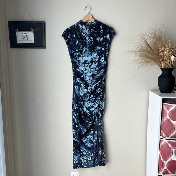 Anthropologie Maya Blue Floral Print Ruched Mesh‎ Cowl Neck Midi Dress Size XS - Picture 2 of 10